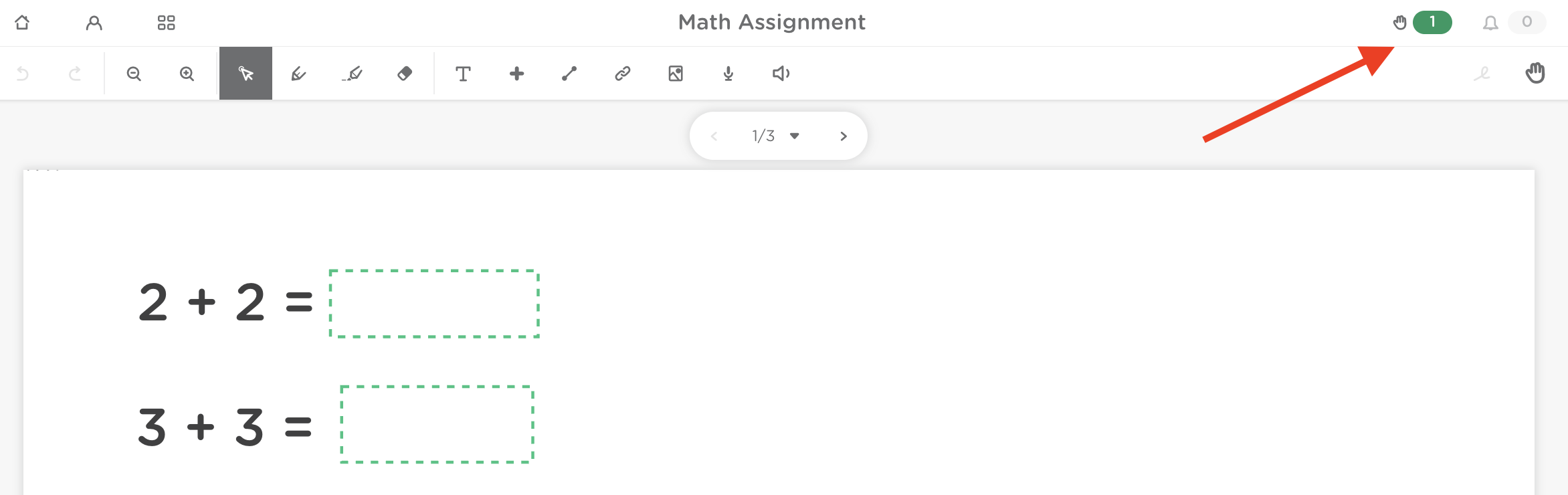 Student assignment slide showing a hand notification icon indicating a classmate has requested help.