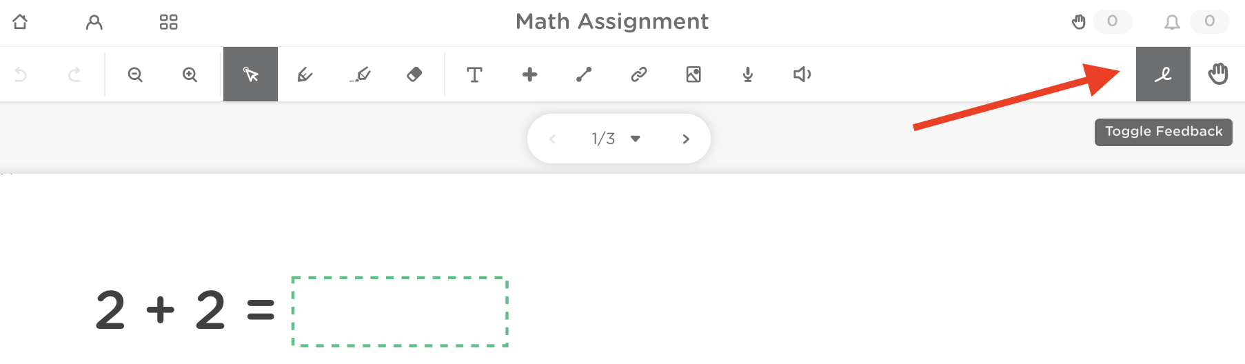 Assignment slide toolbar highlighting the Toggle Feedback icon used to hide or show feedback on a slide.