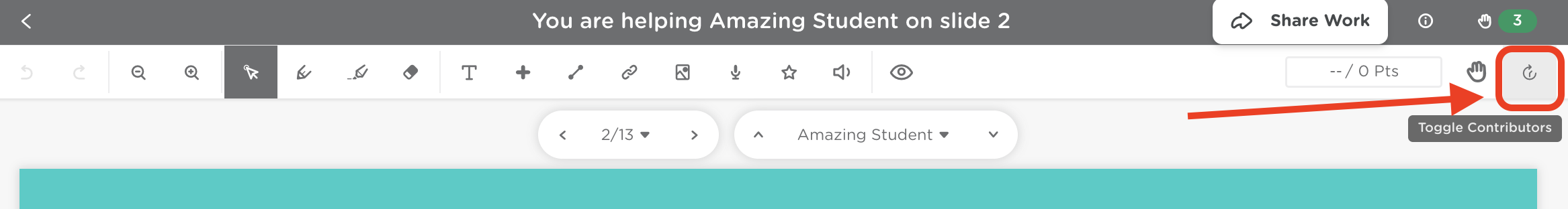Classkick Web assignment view showing the Toggle Contributors icon highlighted in the top-right toolbar.