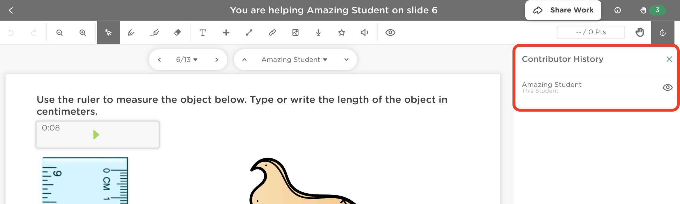 Assignment slide with the Contributor History panel open on the right, listing users who added work or feedback.