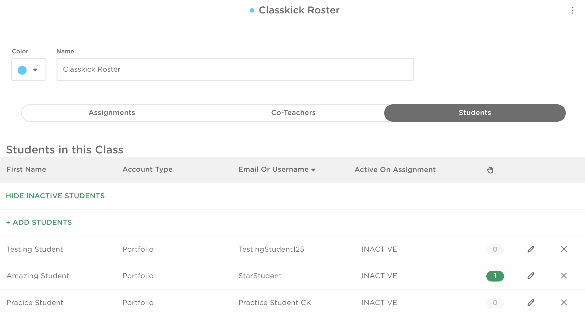 Class roster page with the Students tab highlighted to access the list of students.