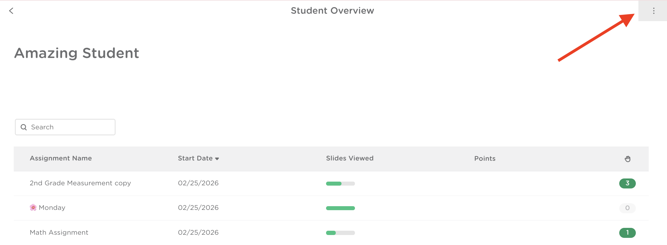 Student Overview page with the three-dots menu highlighted in the top-right corner.