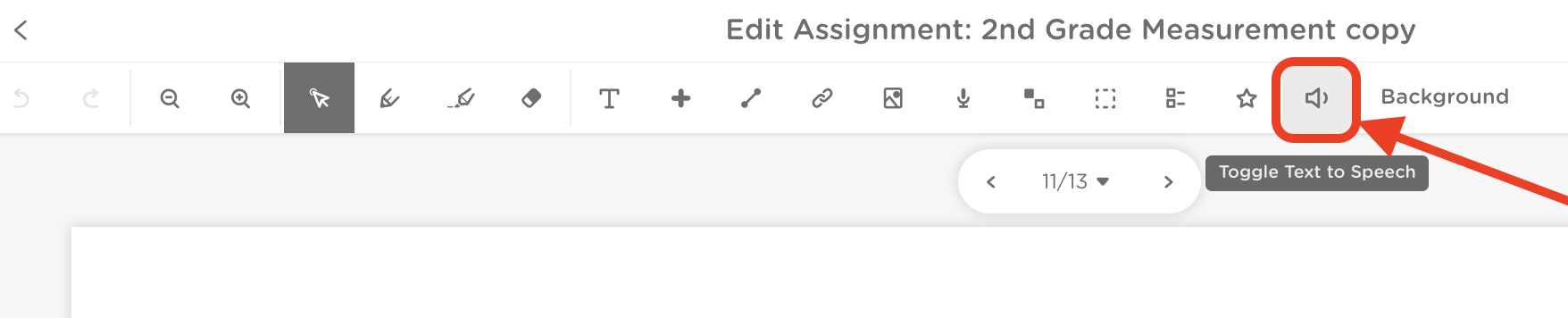 Classkick assignment editor toolbar with the Speaker (Text to Speech) icon highlighted.