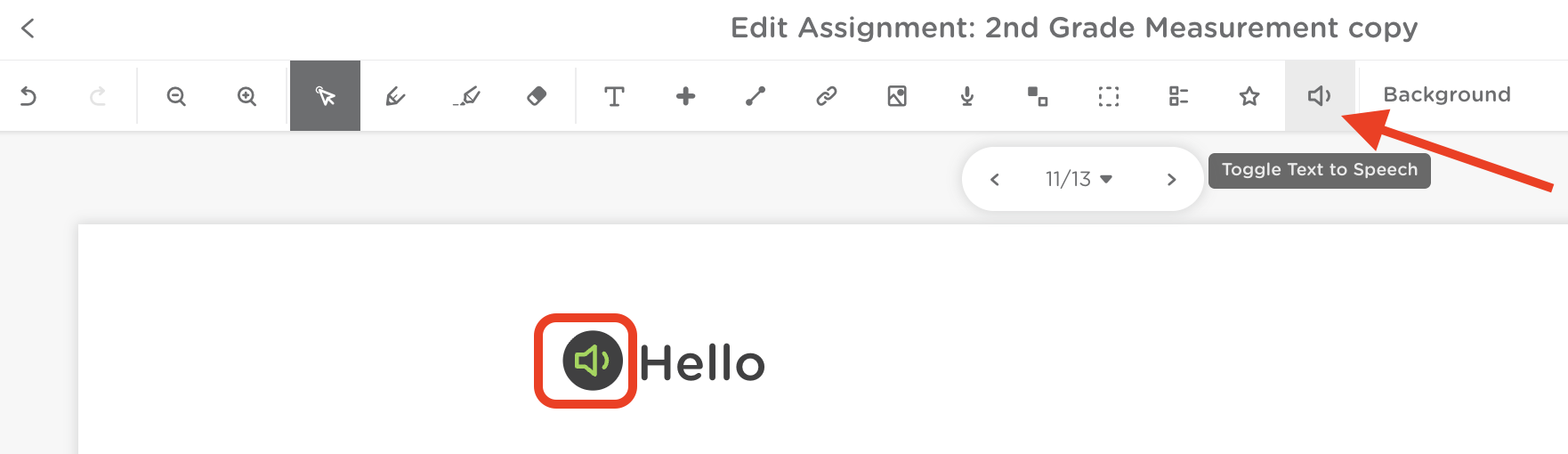 Text box on a slide with a green Speaker icon displayed next to the word “Hello.”