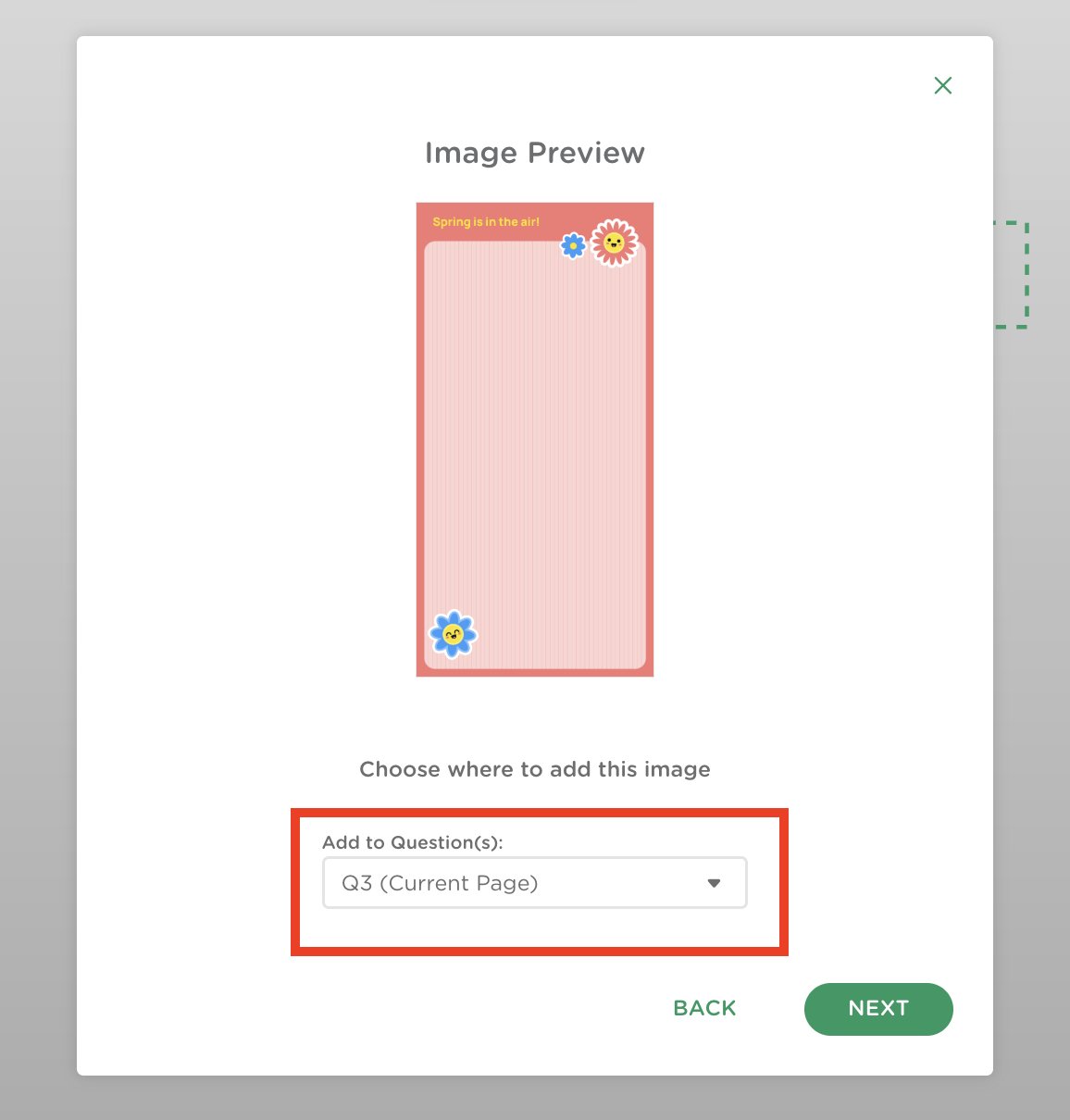 Page selection window displaying the dropdown to select which pages to add the image to.