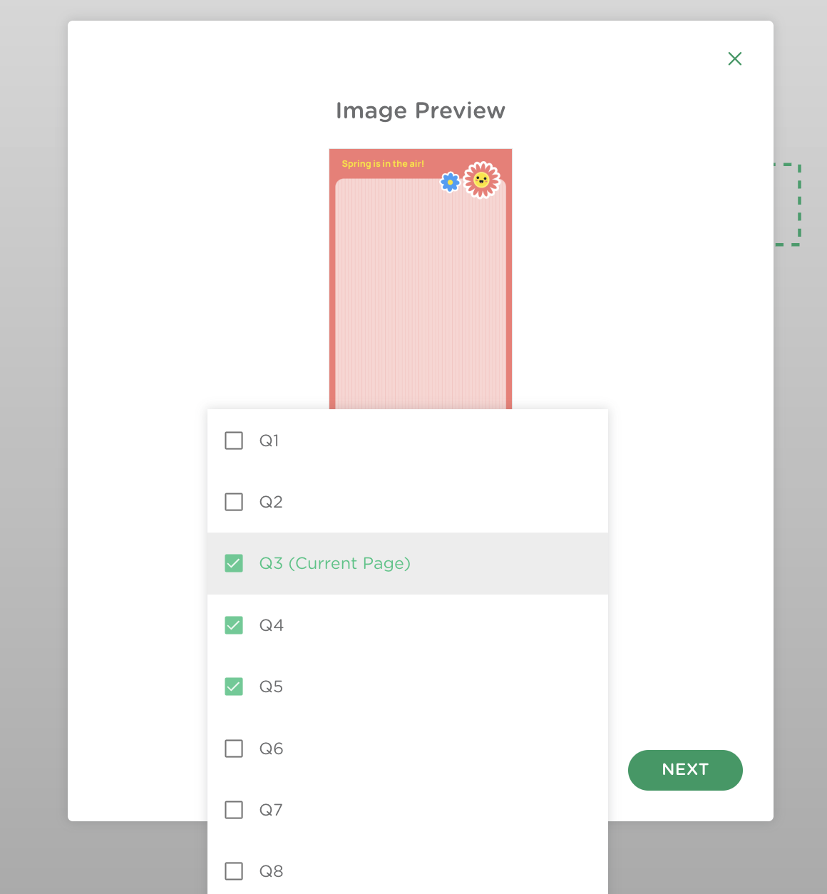 Page selection window displaying multiple PDF pages with checkboxes to choose which pages to insert.