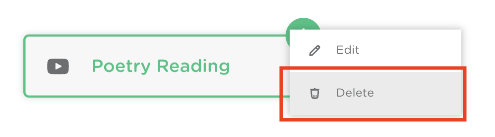 Link button selected on a slide with the three-dot menu open and the Delete option highlighted.