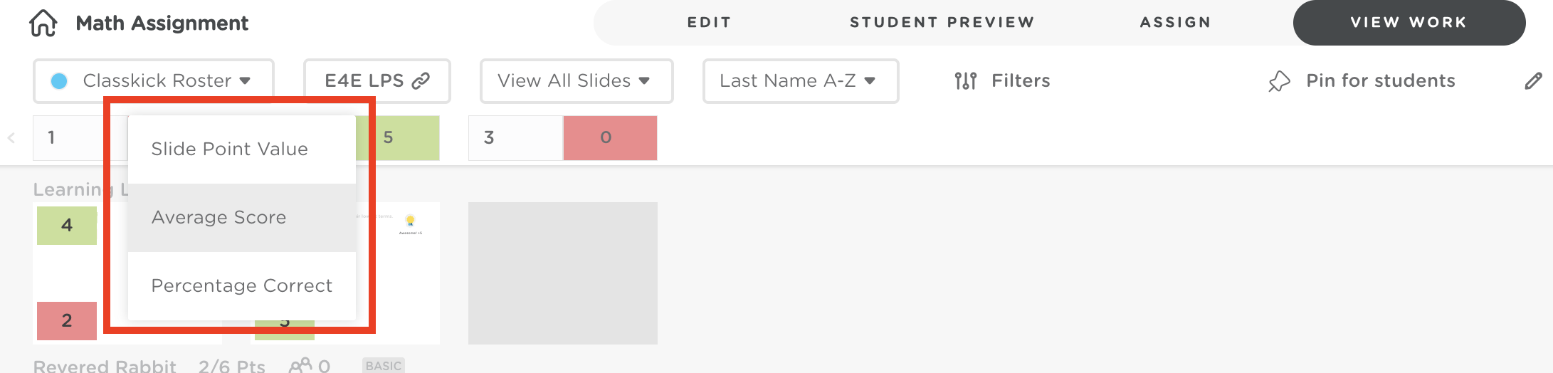 View Work page with the “Change Summary” dropdown menu open, showing options for different slide summary views.