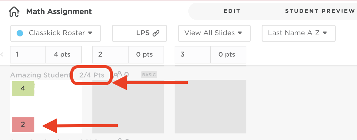View Work page displaying student slide thumbnails with total points shown for each student, highlighted in red boxes.