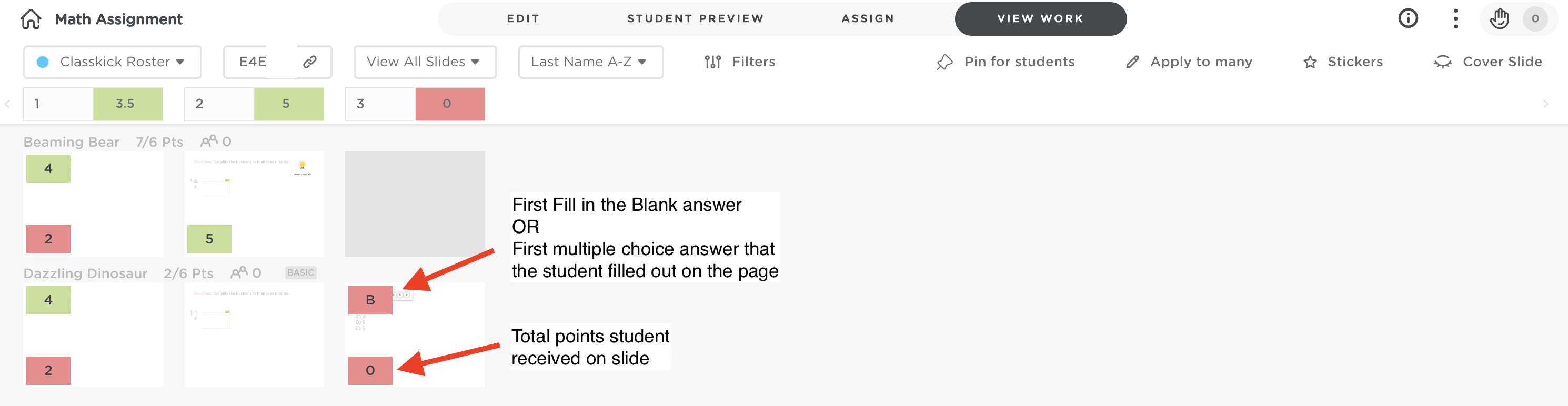 View Work grading table showing students’ responses with green and red indicators and arrows pointing to incorrect Fill in the Blank answers.