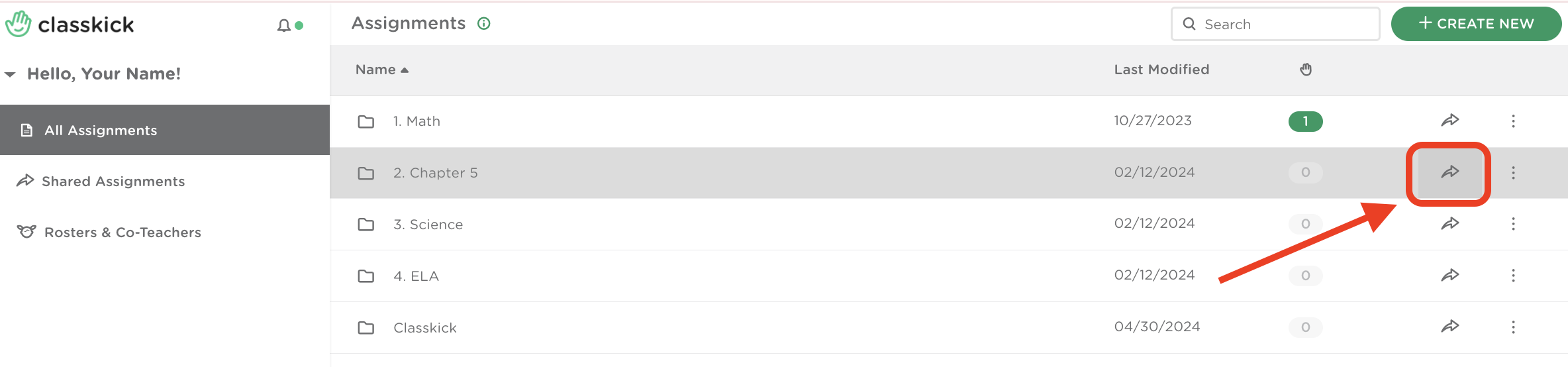 Assignments page showing a share arrow icon to the right of a folder name.