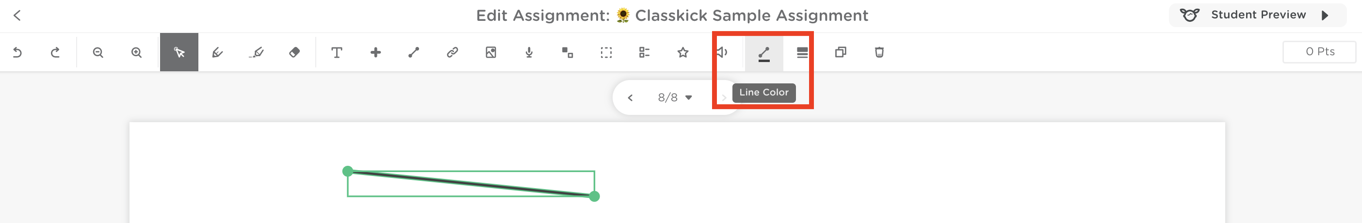 A line selected on the slide with the Line Color icon highlighted in the toolbar.