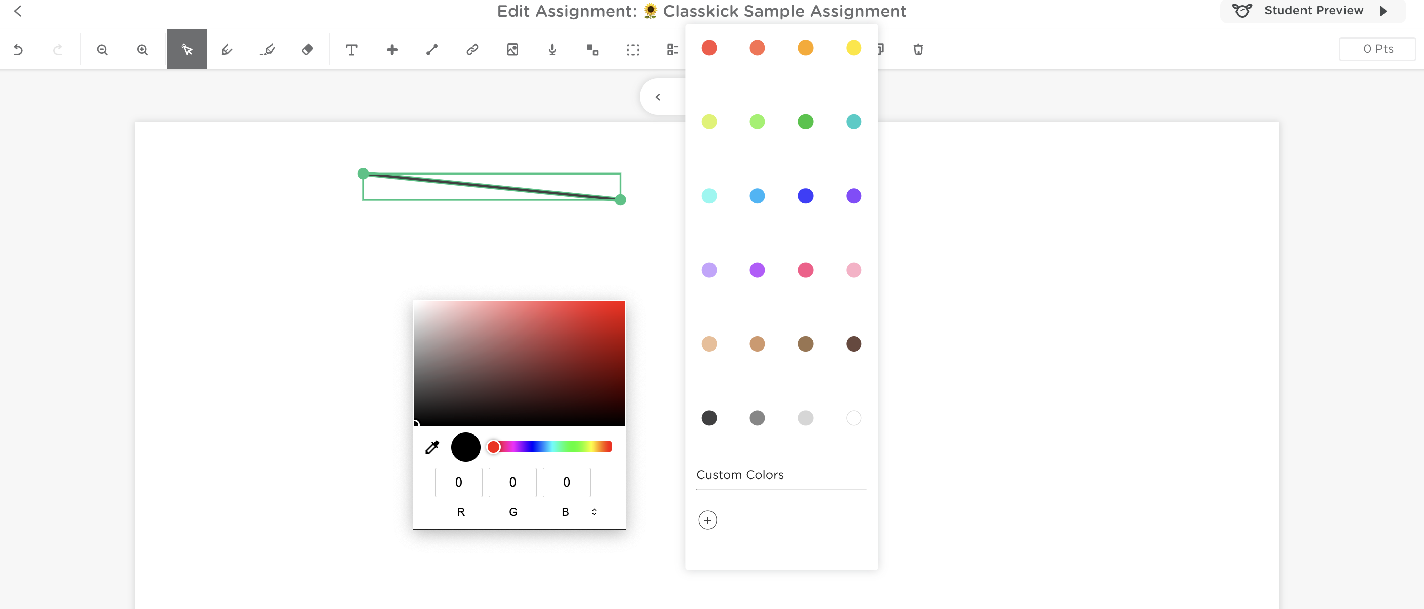 Color picker panel open showing preset color dots and custom color options.