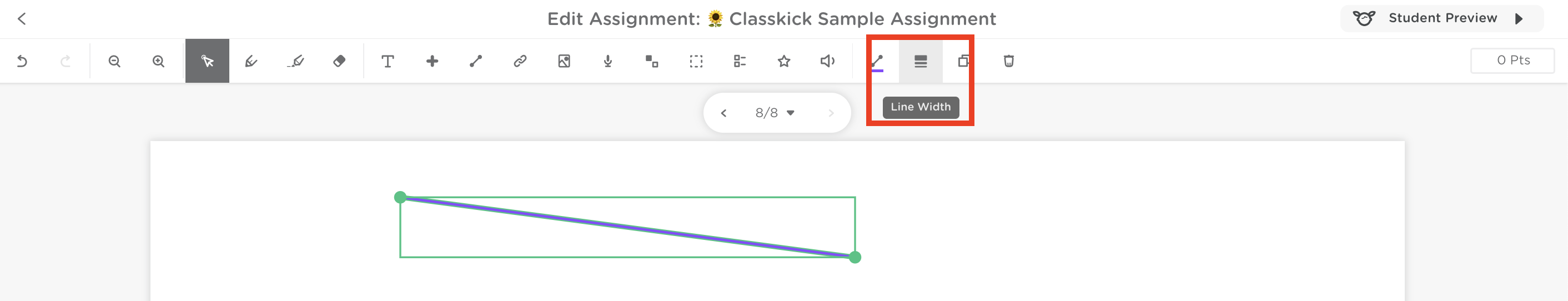 A line selected on the slide with the Line Width icon highlighted in the toolbar.