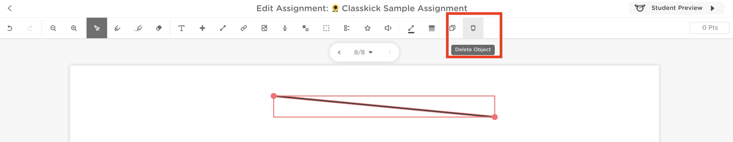 A selected line on the slide with the Delete Object (trash can) icon highlighted in the toolbar.