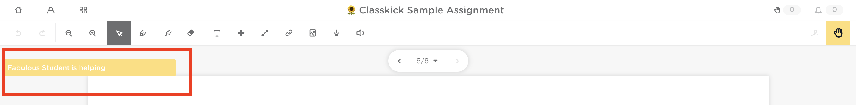 View Work page showing a student’s name with a Peer Helpers icon and number indicating peer helper interactions.