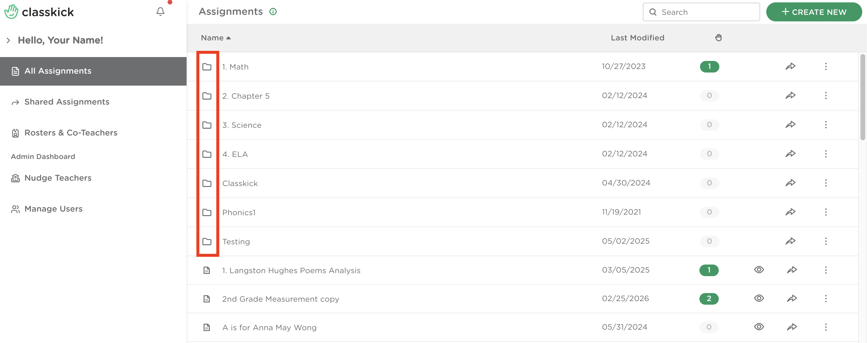 Classkick Assignments dashboard showing a list of folders in the left column and assignments in the main panel.