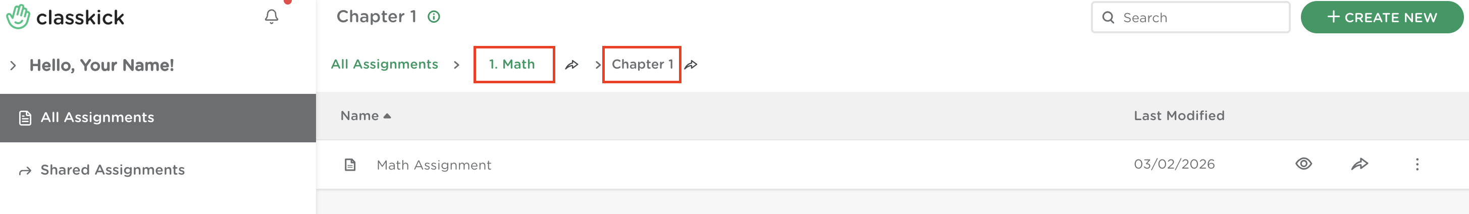 Breadcrumb trail at the top of the Assignments page showing “All Assignments > 1. Math > Chapter 1.”