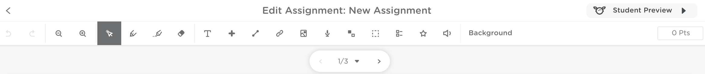 Assignment editor toolbar showing the tools available for creating and editing a Classkick assignment.