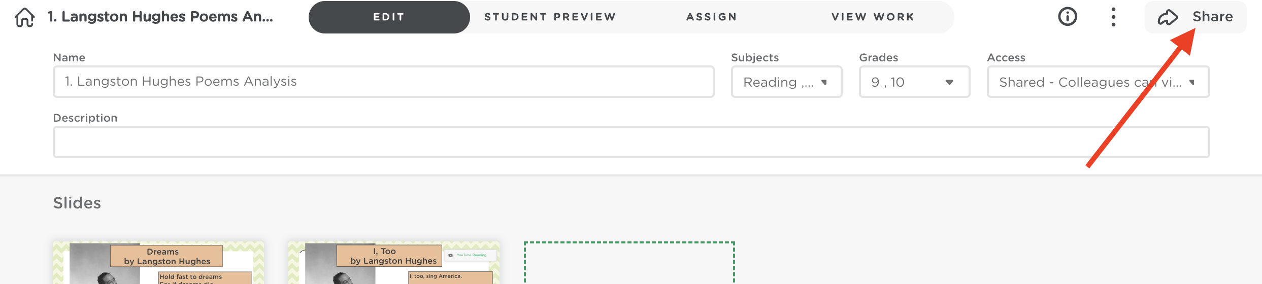 Assignment Edit tab with the Share button highlighted in the top-right corner.