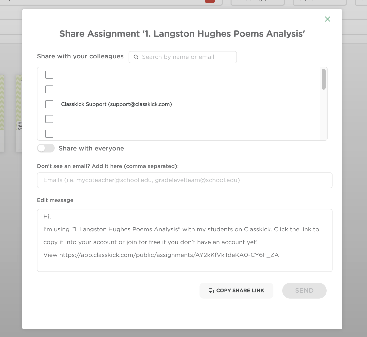 Share Assignment window listing colleague email addresses with checkboxes and a Send button.
