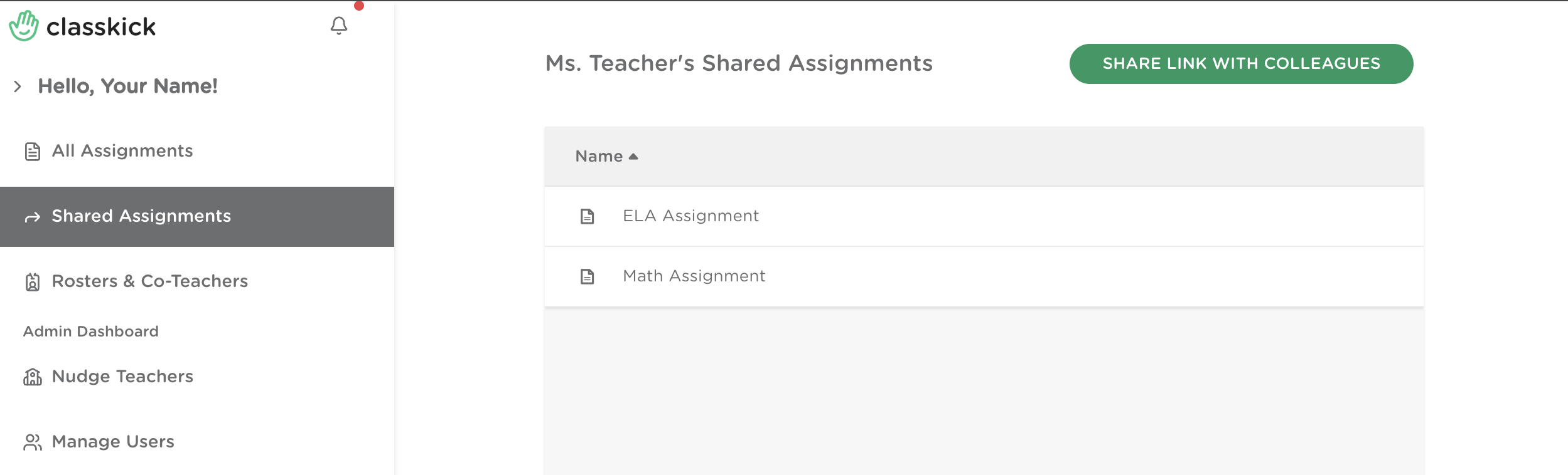 Shared Assignments page showing a list of shared assignments and a “Share Link with Colleagues” button in the top-right corner.