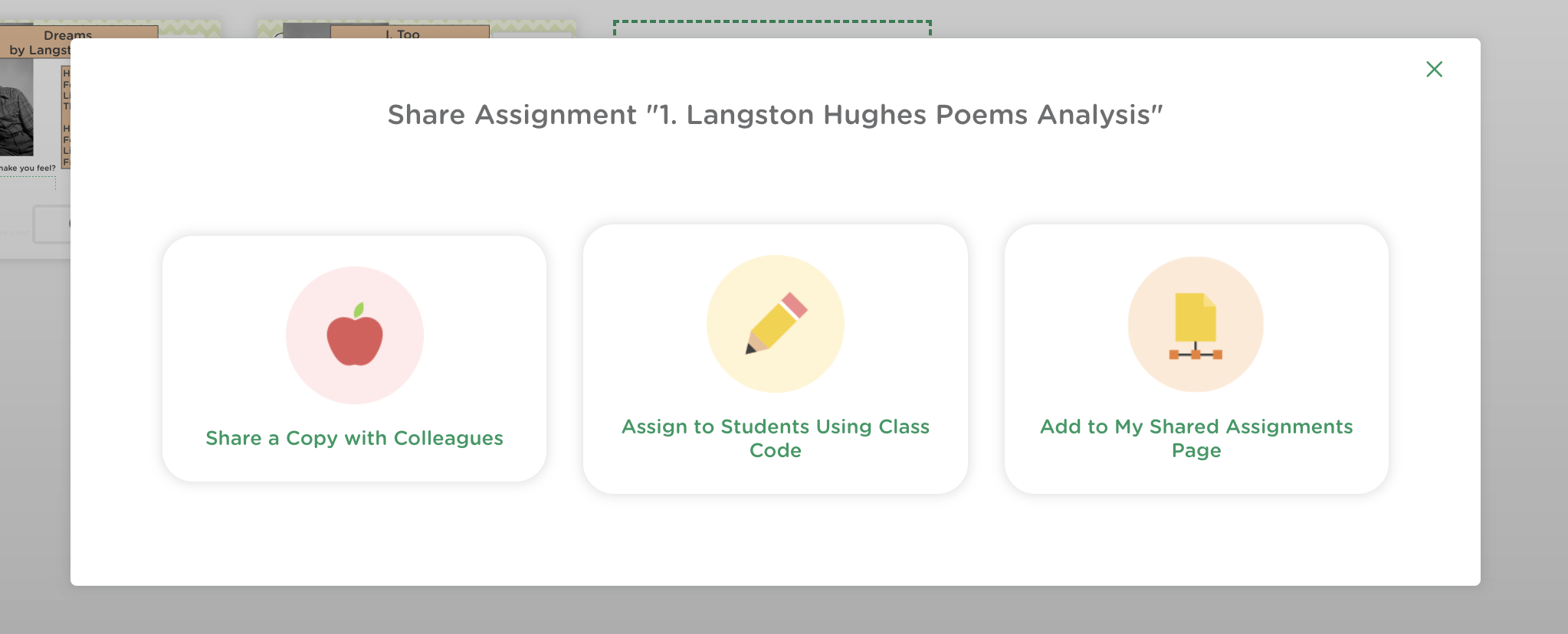 Share popup showing three options: Share a Copy with Colleagues, Assign to Students Using Class Code, and Add to My Shared Assignments Page.