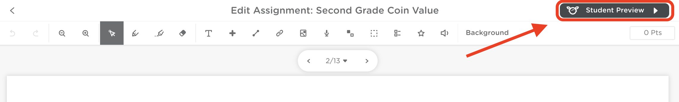 Assignment editor showing the Student Preview button used to open the assignment in student view.