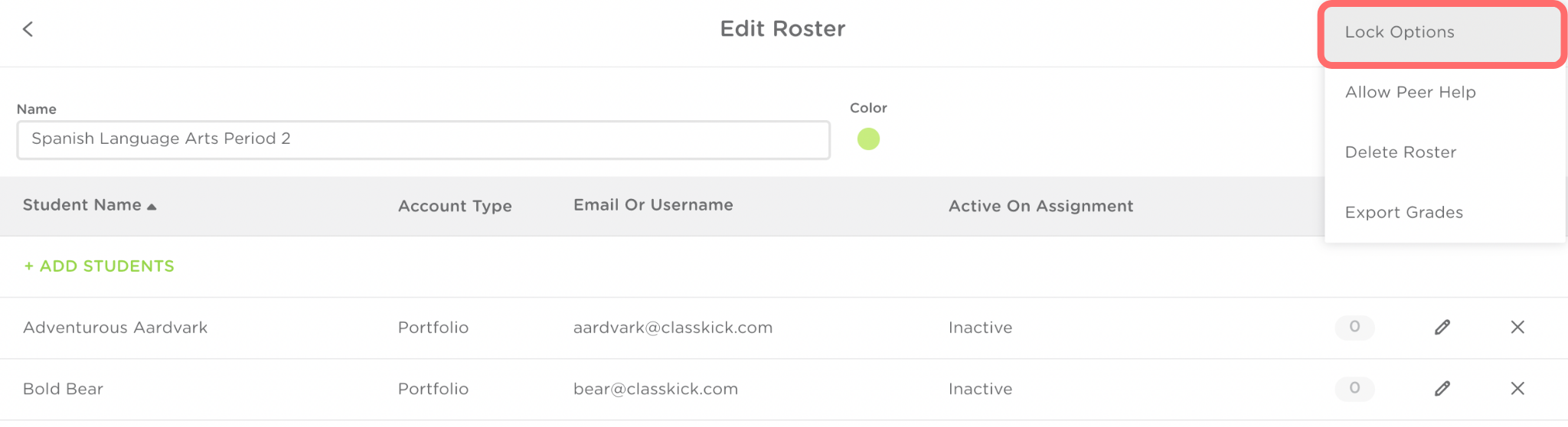 The edit roster view. Lock Options is highlighted in gray and outlined in red in the top right corner.