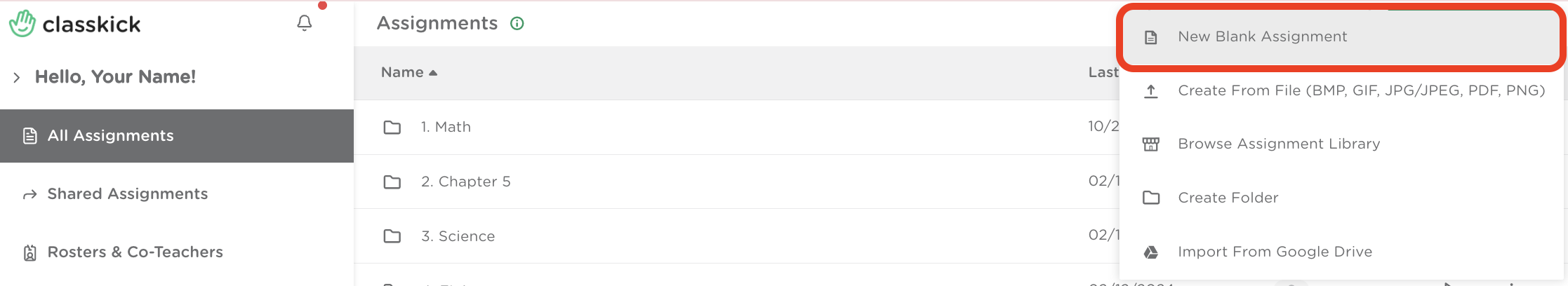 The assignment view for a teacher with the new blank assignment option highlighted in the dropdown menu.
