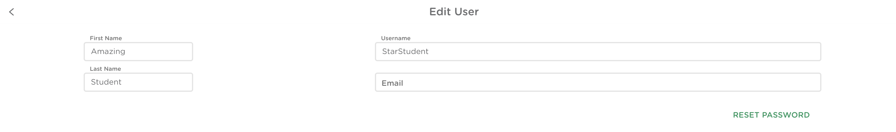 Edit User page showing fields to update a student’s first name, last name, username, email, and reset their password.