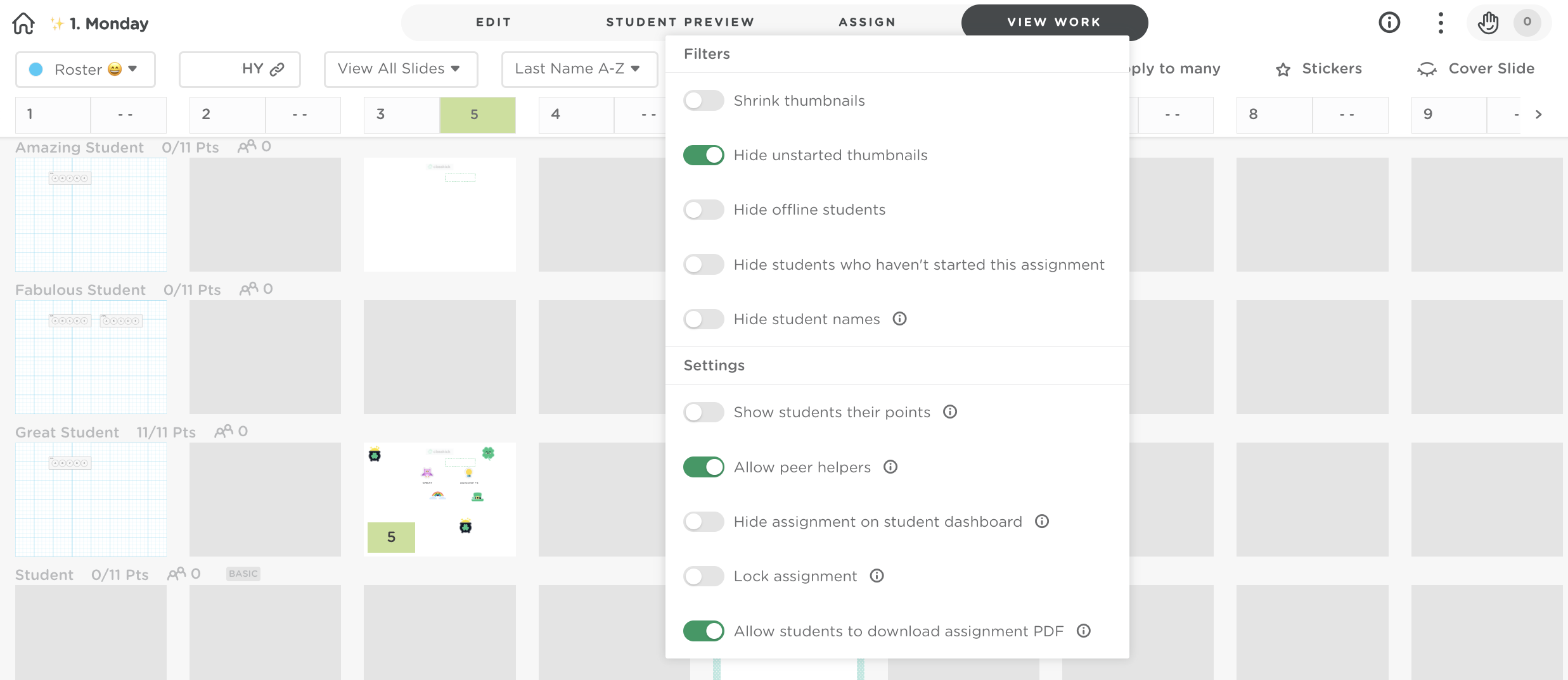 Filter options menu in View Work used to filter assignments and student activity.