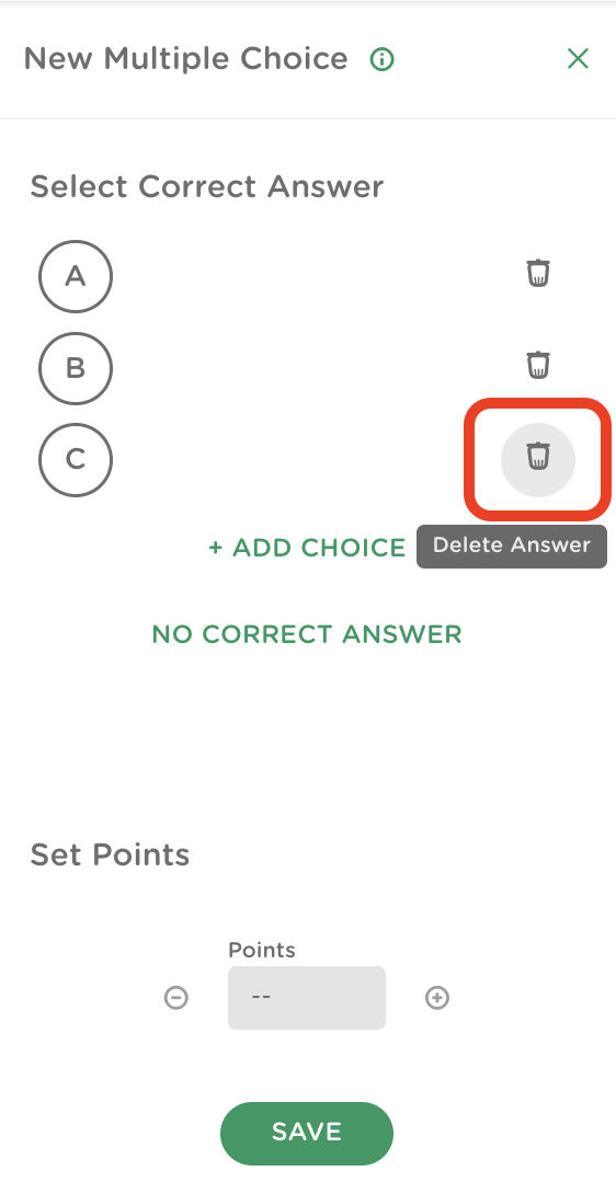 The multiple choice popup showing that a teacher can delete additional correct answers if they want less answer choices.