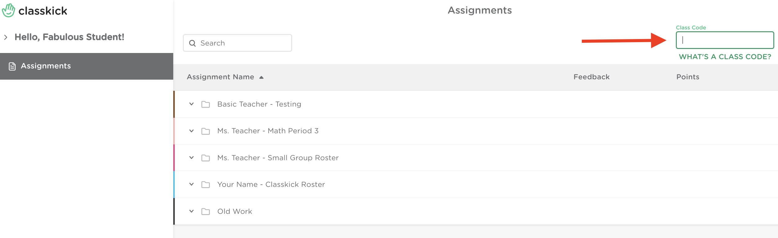 Student dashboard with an arrow pointing to the class code box in the top right corner.