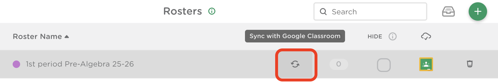 Classkick Rosters page showing the Google Classroom sync icon used to update a roster.