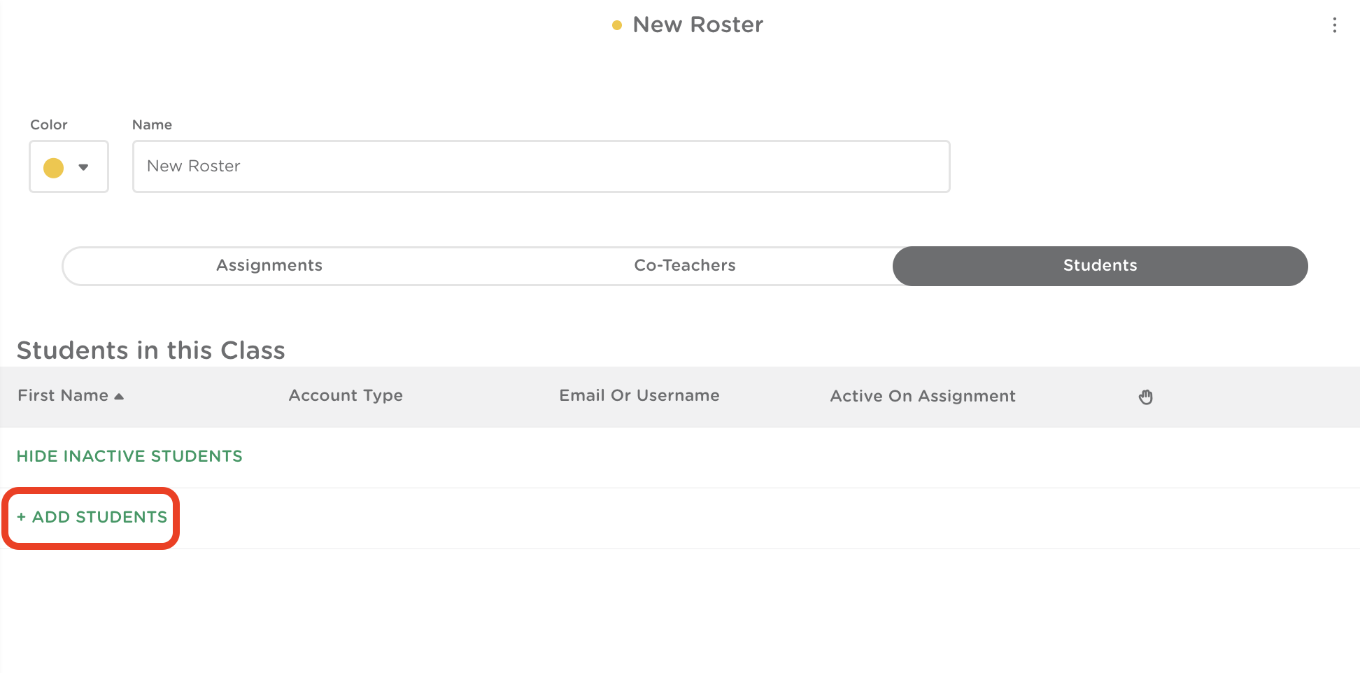 Classkick roster page showing the + Add Students button.
