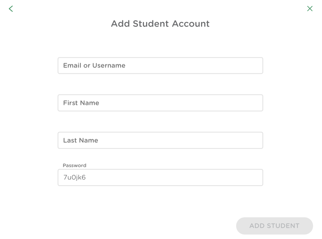 Add student account popup showing the text boxes with information needed to create the account: email/username, first name, last name, and password.