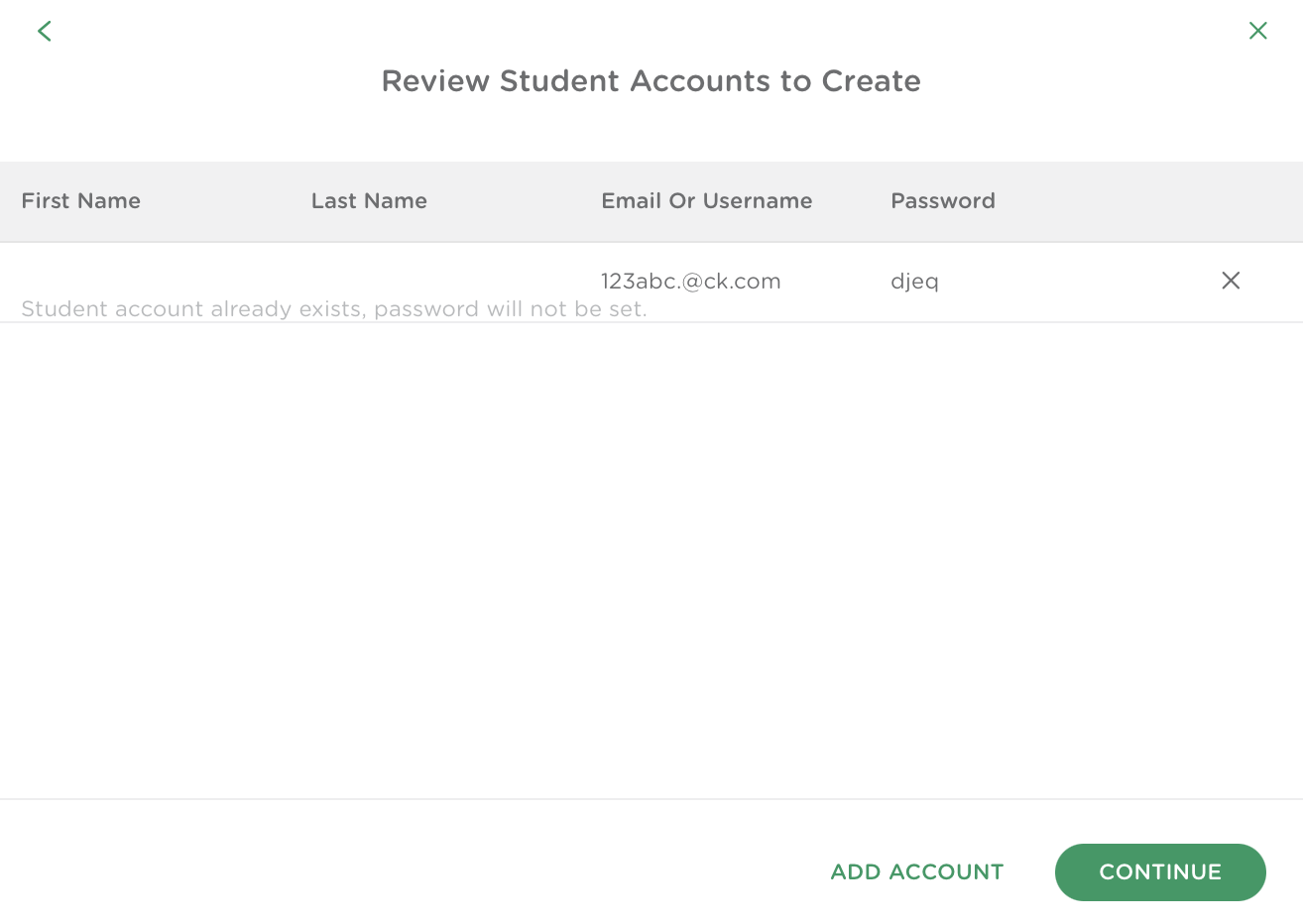 Classkick review screen showing a message that the student account already exists and the password will not be set.