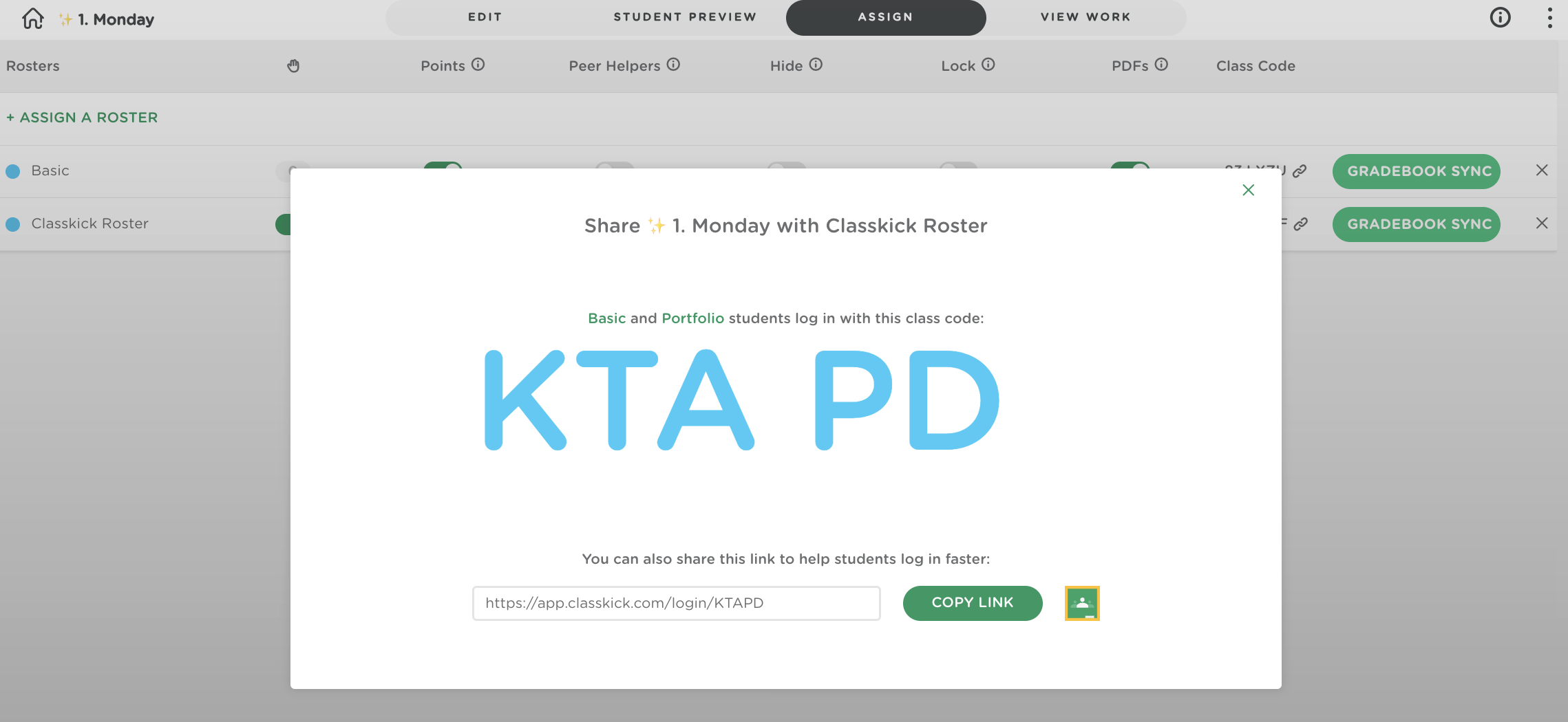 Classkick assignment sharing window showing the option to share the assignment with Google Classroom.