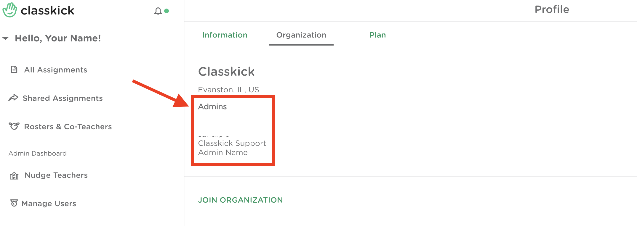 Classkick Profile page under the Organization tab displaying the Admins section with listed organization administrators.