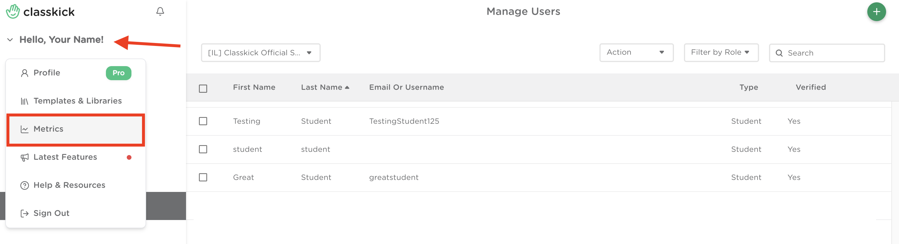 Screenshot of the Metrics dashboard showing active teachers, assignments worked, student work units, and estimated paper savings.