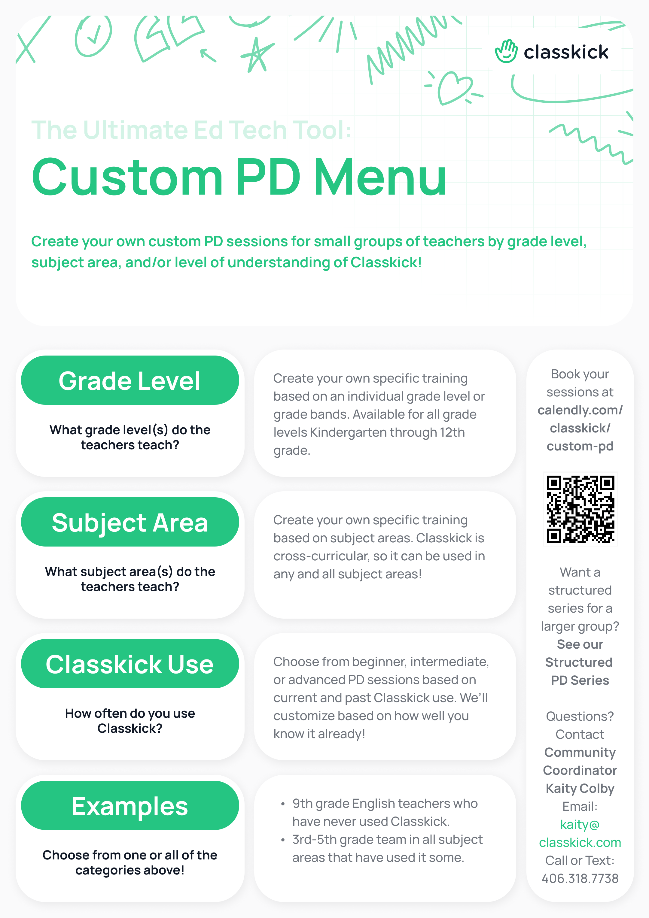 Classkick Custom PD Menu showing training options based on grade level, subject area, and teacher experience with Classkick.