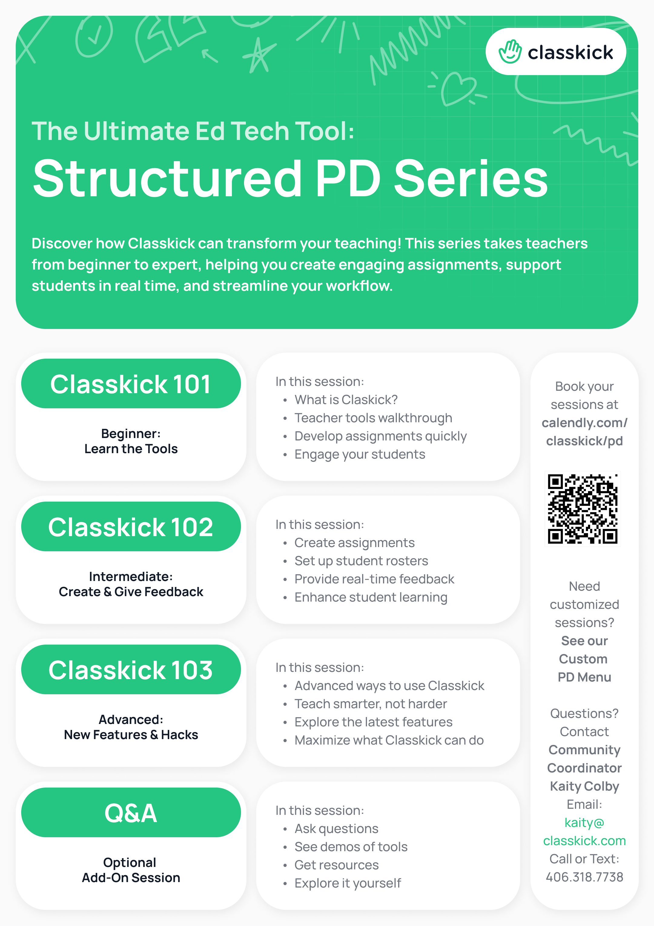Classkick Structured PD Series showing training sessions: Classkick 101, 102, 103, and an optional Q&A session.