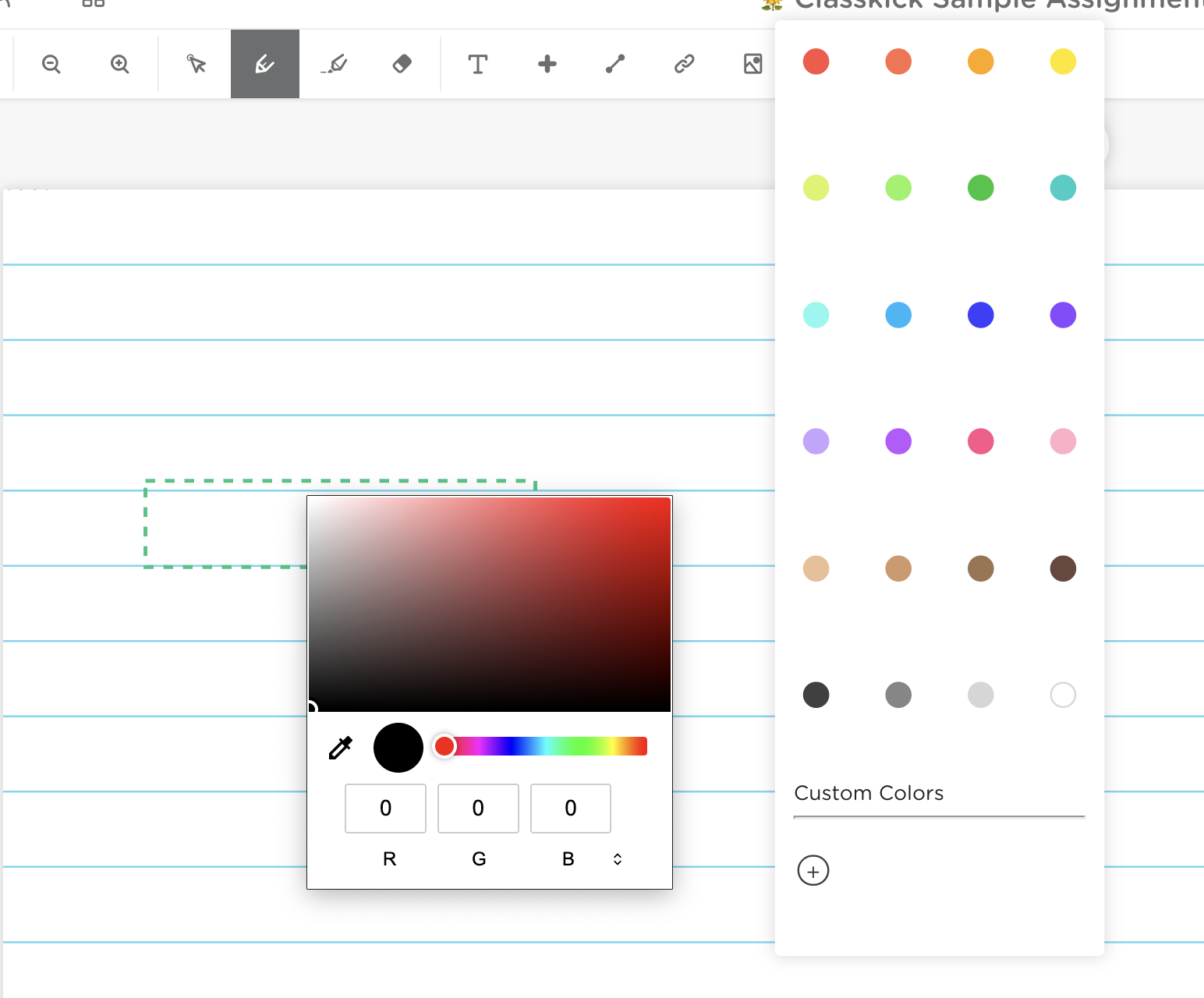Classkick color palette used to change the pen color or create a custom color.