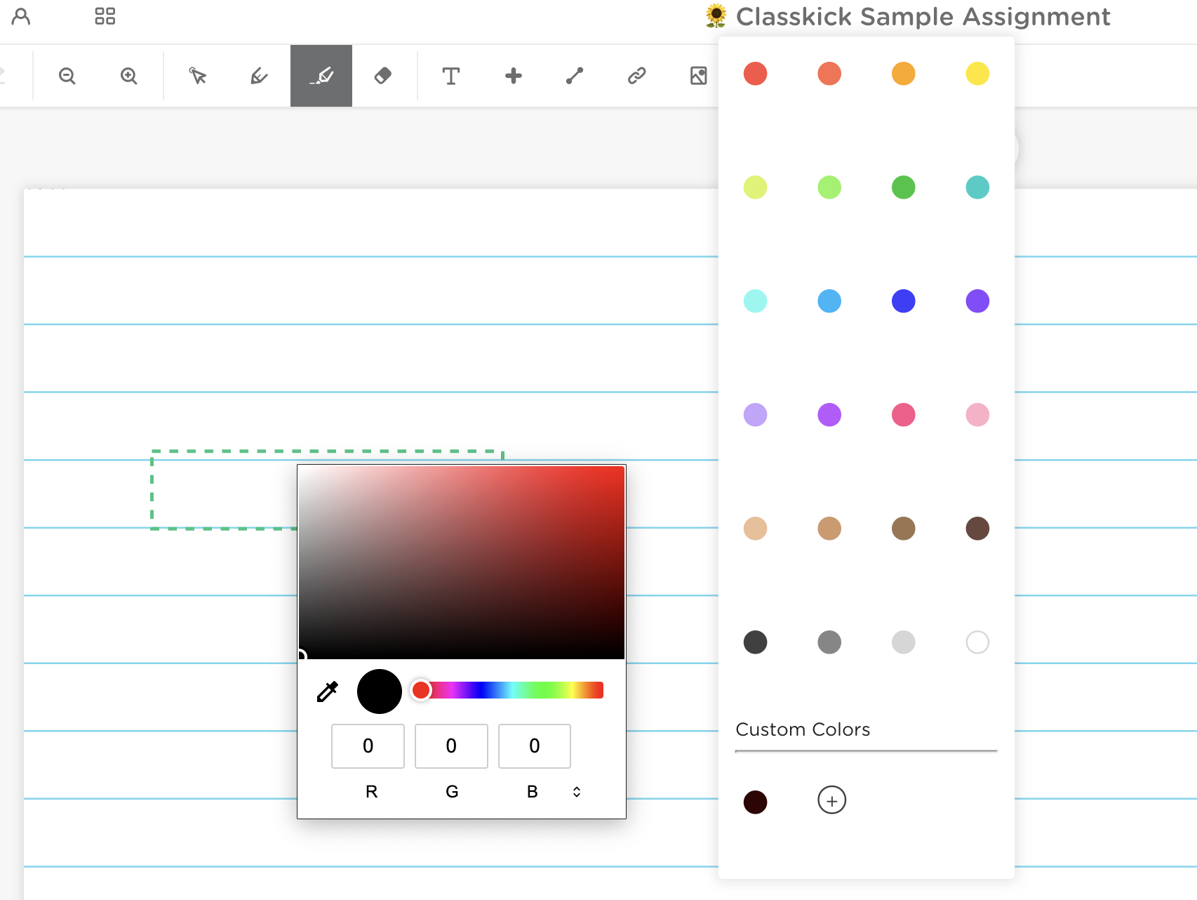 Student toolbar showing the color options for the highlighter.