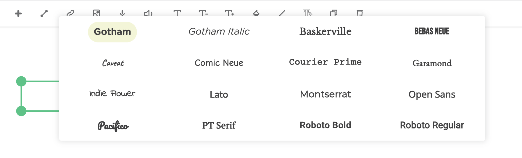 Font family dropdown with the different font options shown.