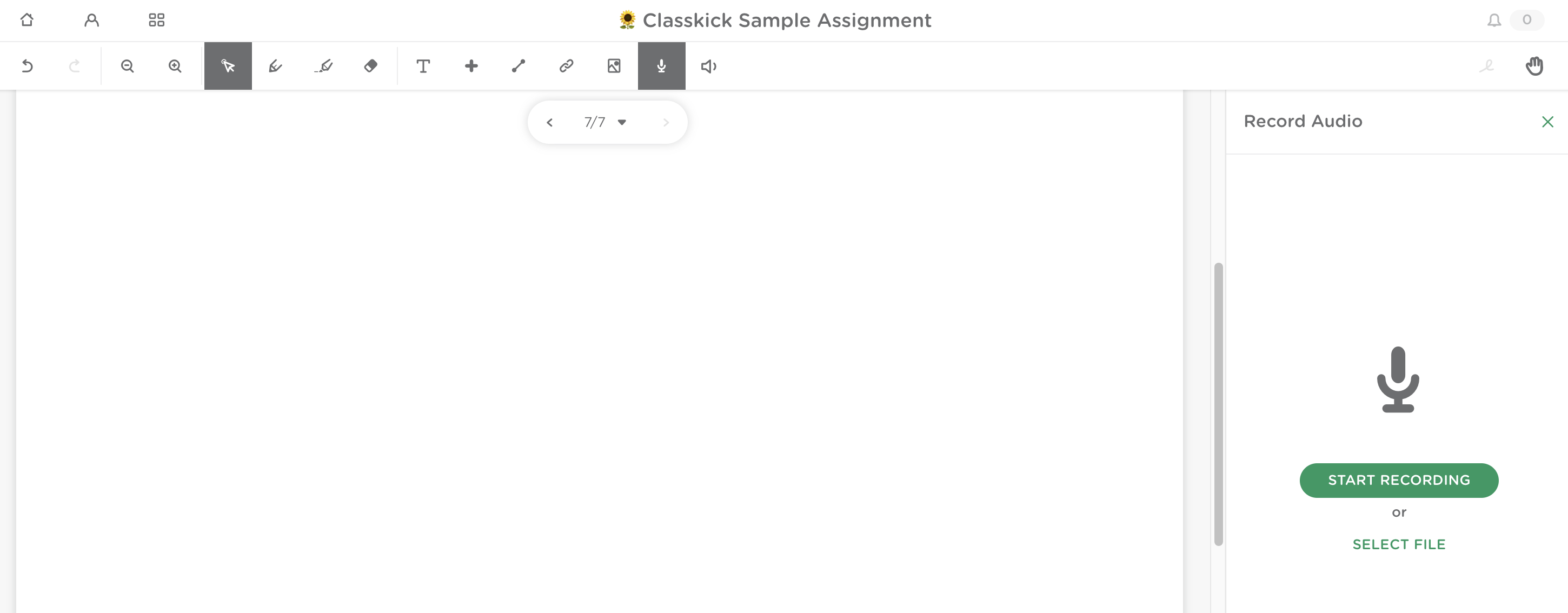 Student work slide with the audio tool selected. The sidebar shows the button to start recording or select a file to upload.