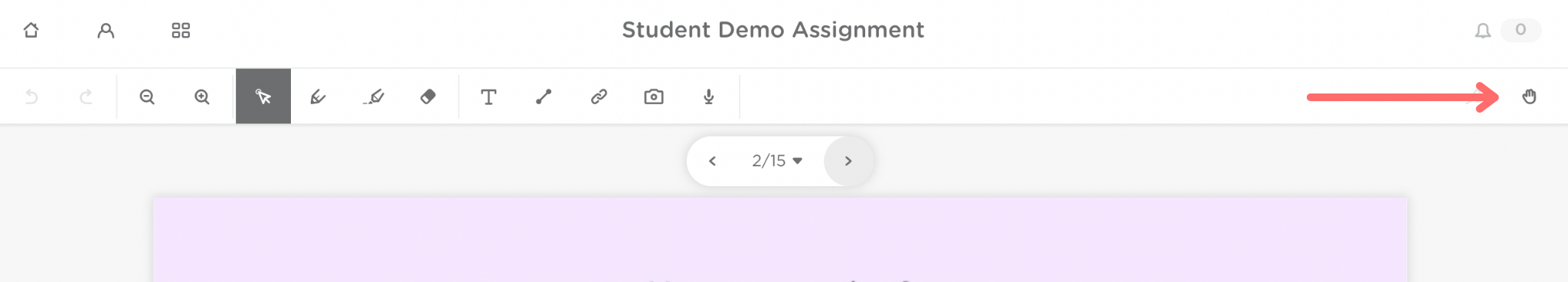 a red arrow points to hand icon on top right corner of screen.