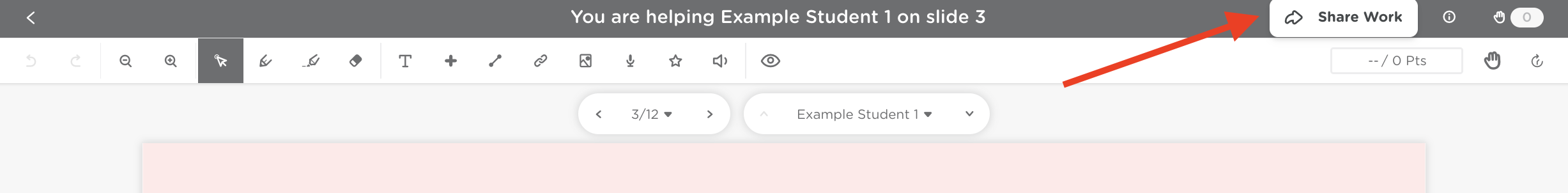 The teacher view of a student's work slide with teh Share Work button highlighted in the top-right corner.
