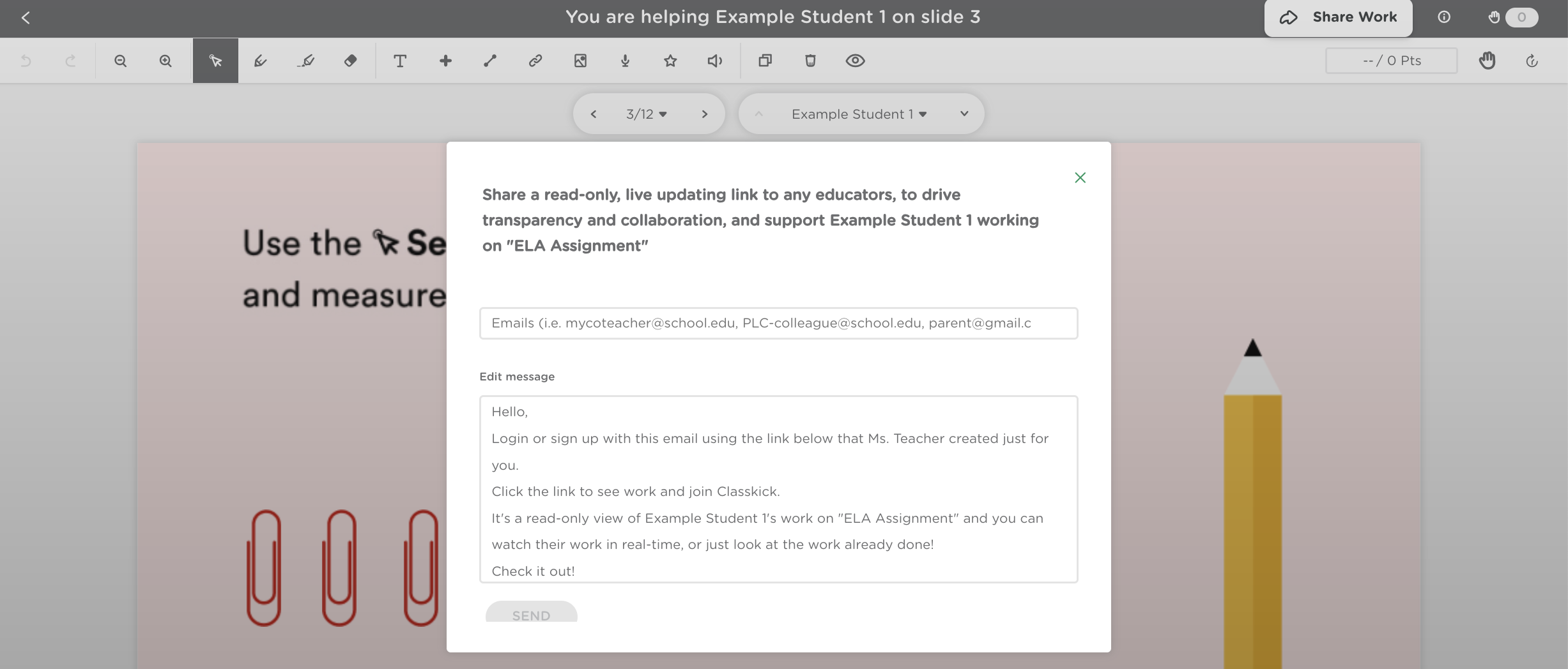 The popup for the teacher to enter the recipients email addresses to share work with.